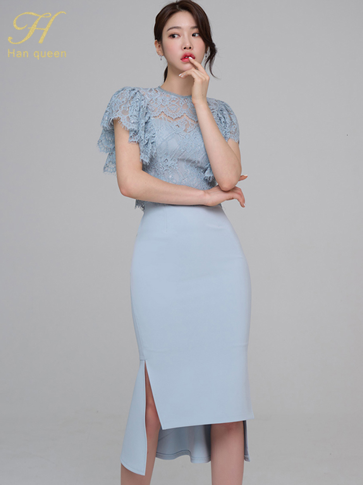 Two Piece Dress H Han Queen s Summer Women Casual 2 Pieces Set Lace Tops Simple Irregular Sheath Skirt Korean Profession Skirts Suits 230324