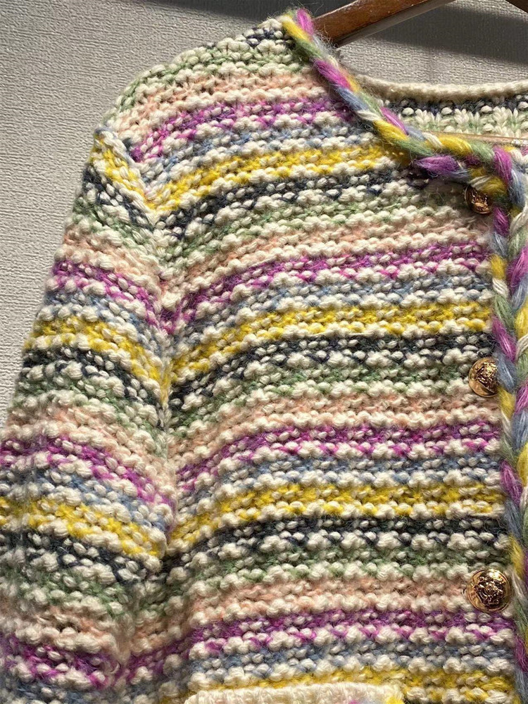 Women's Knits Tees Autumn Winter Women Rainbow Stripes Sweet Sweater Wool Blends Single Breasted Female Round Neck Knit Cardigan 230324