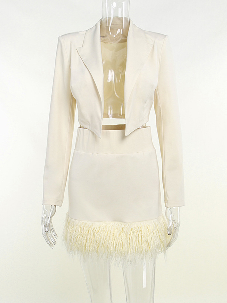 Two Piece Dress Autumn Women Blazer Suit Sets Long Sleeve Notched Collar Sexy Feather Mini Skirt Casual Female Office Outfits 230324