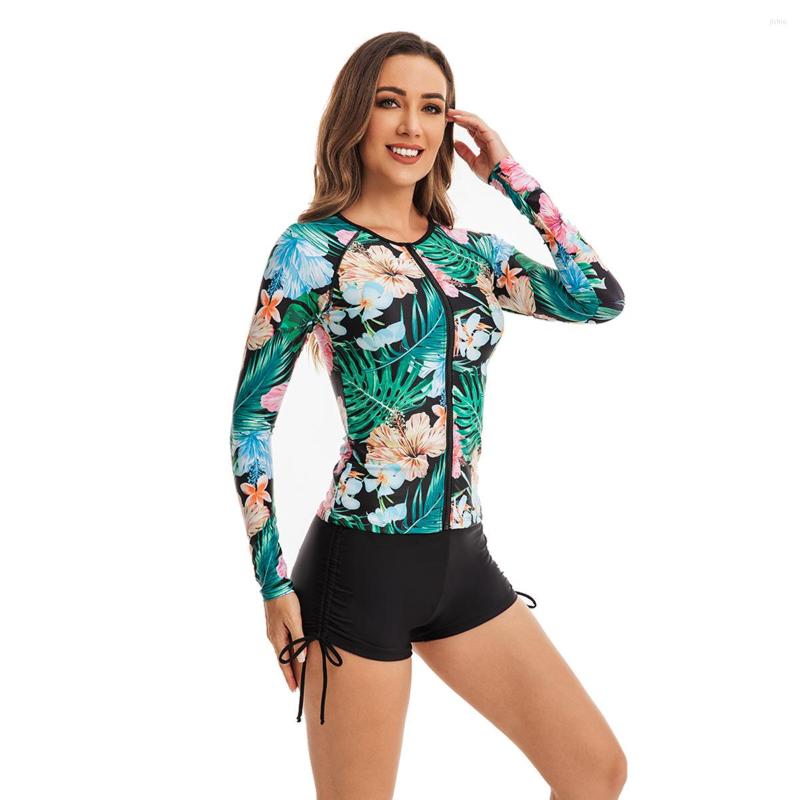 Womens Swimwear MUOLUX Sports Swimsuit Woman Two-piece Zipper Front Women 2023 Rashguard Bathing Suit Tropical Print Rash Guard