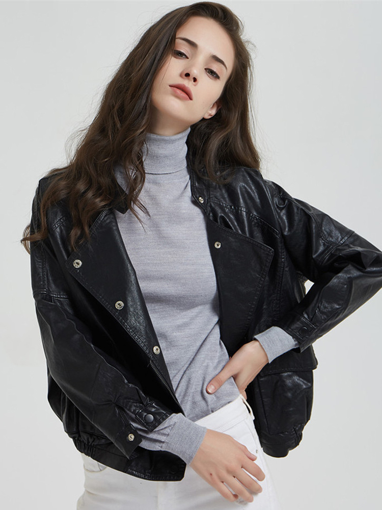 Women's Jackets Standup Collar Motorcycle PU Leather Spring Autumn Short Korean BF Big Pocket Small Coat 230324