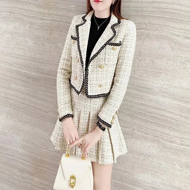 Two Piece Dress Autumn Winter Fashion Suit Jacket Short Skirt Set Women's Korean Elegant Casual Blazers Coat Pleated Mini Skirts 230324
