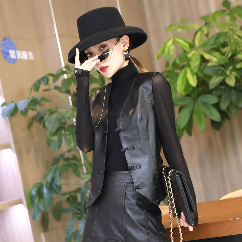 Women's Jackets Leather Vest Short Spring Autumn Sheepskin Tang Buckle Small Genuine Slim Outerwear V Neck Coat 230324