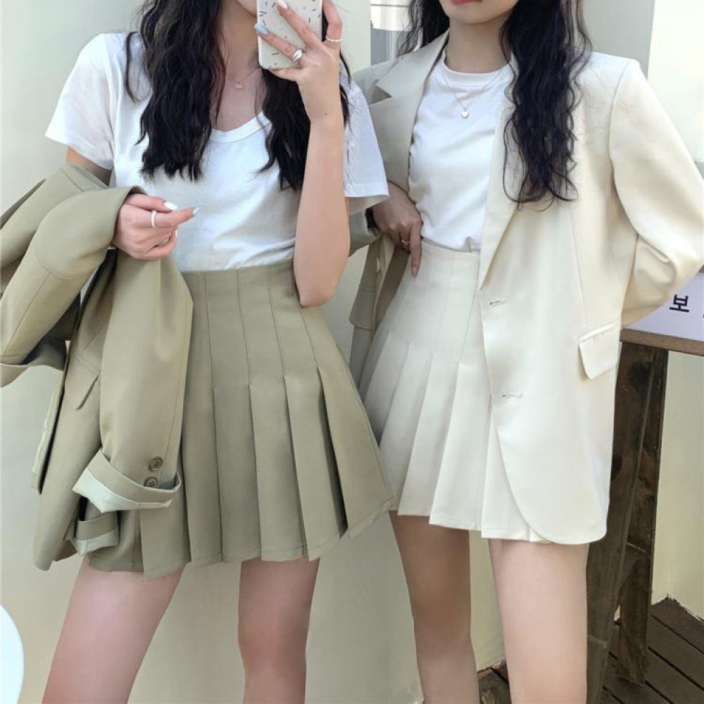 Two Piece Dres's Spring Blazer 2 Pieces Sets Korea Style Single Breasted Jacket Top High Waist Mini Pleated Skirts Suits 230324