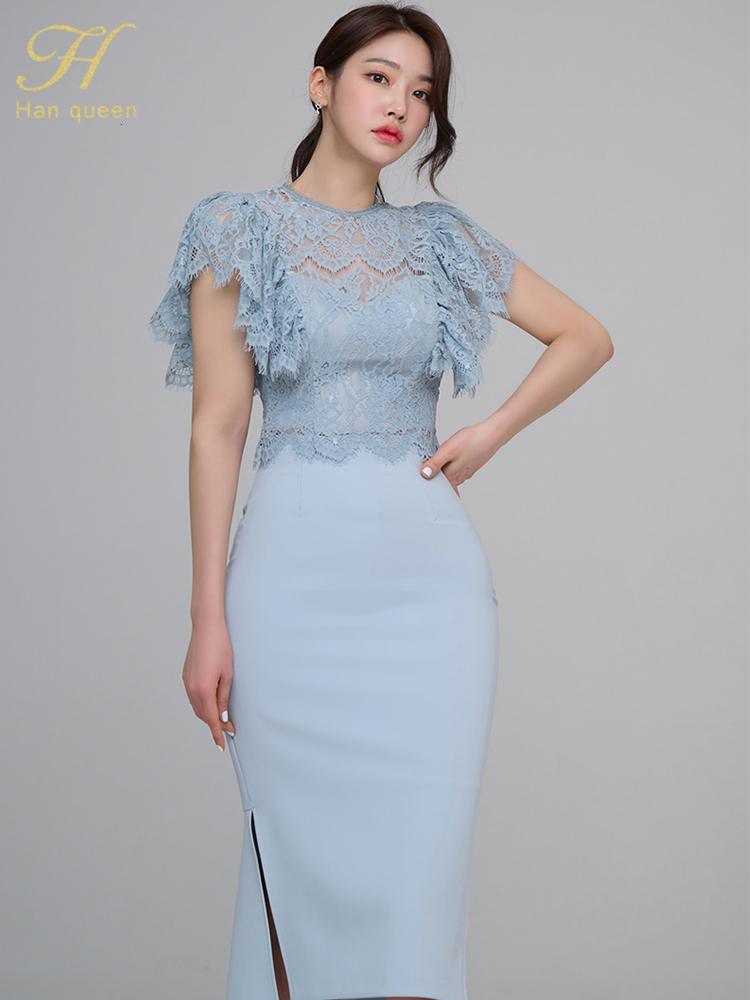 Two Piece Dress H Han Queen s Summer Women Casual 2 Pieces Set Lace Tops Simple Irregular Sheath Skirt Korean Profession Skirts Suits 230324
