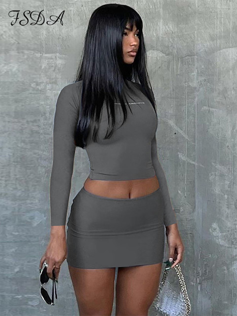 Two Piece Dress FSDA Y2K Set Casual Long Sleeve Crop Top Shirts And Mini Bodycon Skirts Black Women Sets Party Outfits Club Sexy 230324