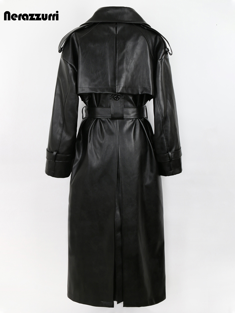 Women's Jackets Nerazzurri Spring Autumn Long Oversized Black Pu Leather Trench Coat for Women Belt Double Breasted Loose Casual Korean Fashion 2
