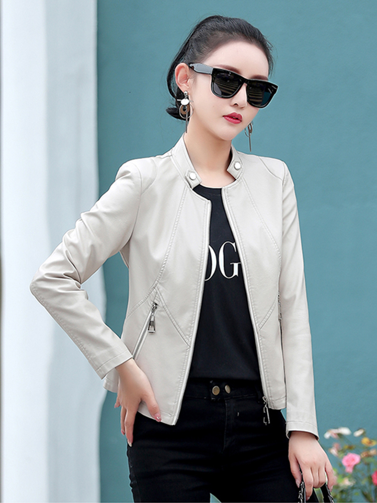 Women's Jackets Women Leather Jacket Spring Autumn Fashion Small Stand Collar Slim Waist Split Short Coat Pink Sheepskin Outerwear 230324