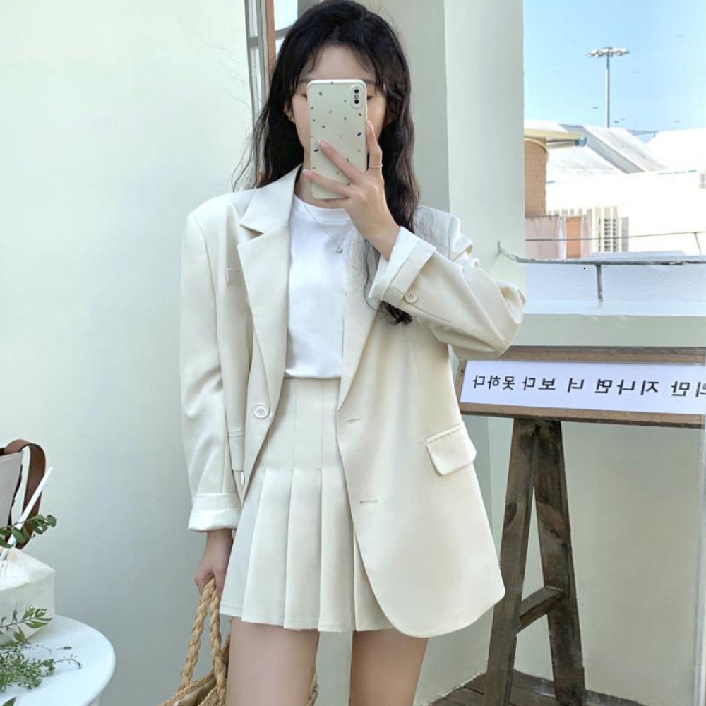 Two Piece Dres's Spring Blazer 2 Pieces Sets Korea Style Single Breasted Jacket Top High Waist Mini Pleated Skirts Suits 230324