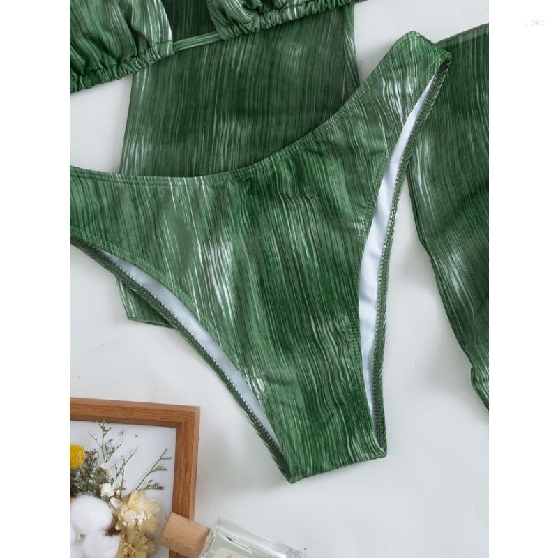 Womens Swimwear Woman Bikini Cover Up Print Transparent Mesh Fabrics Long Sleeve Summer Mini Skirt Four Pieces Lace Triangle Beachwear