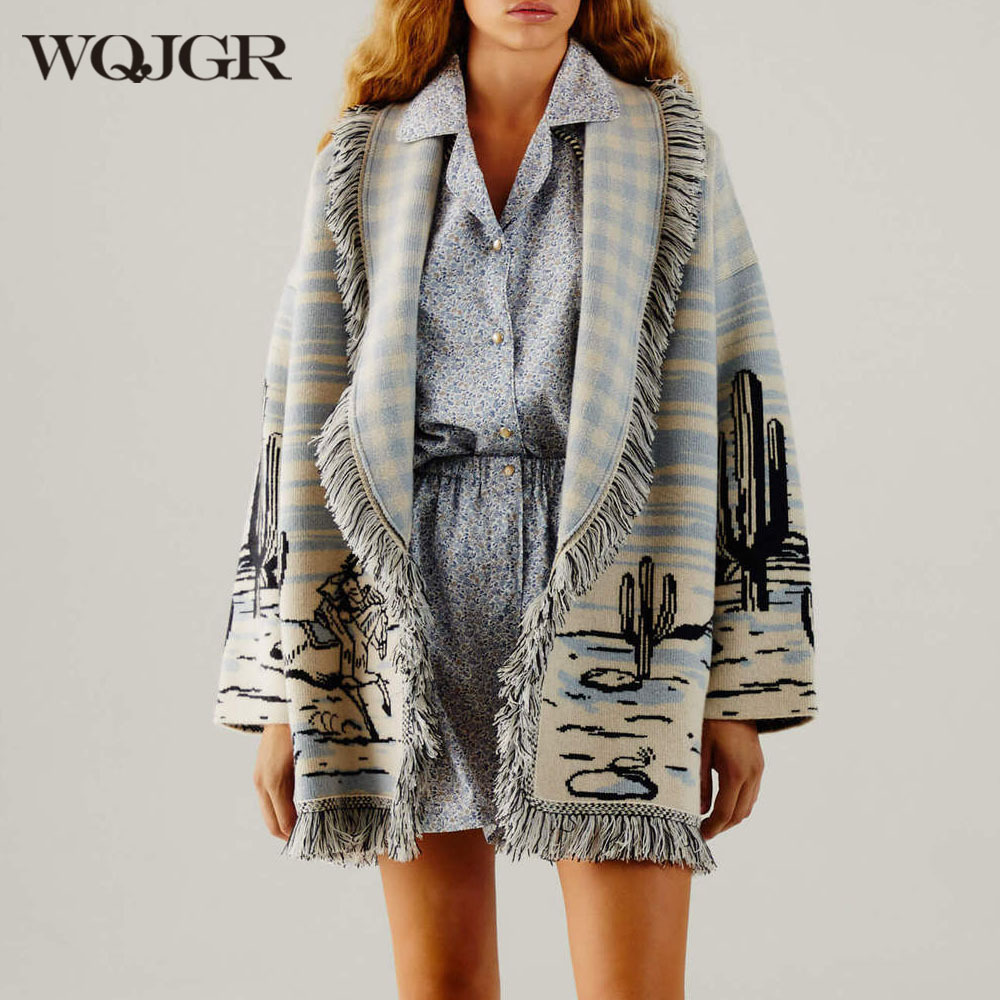 Cozy Knit Cardigan: Tassel Doodle Jacquard Loose Wool Sweater Jacket For Women ()