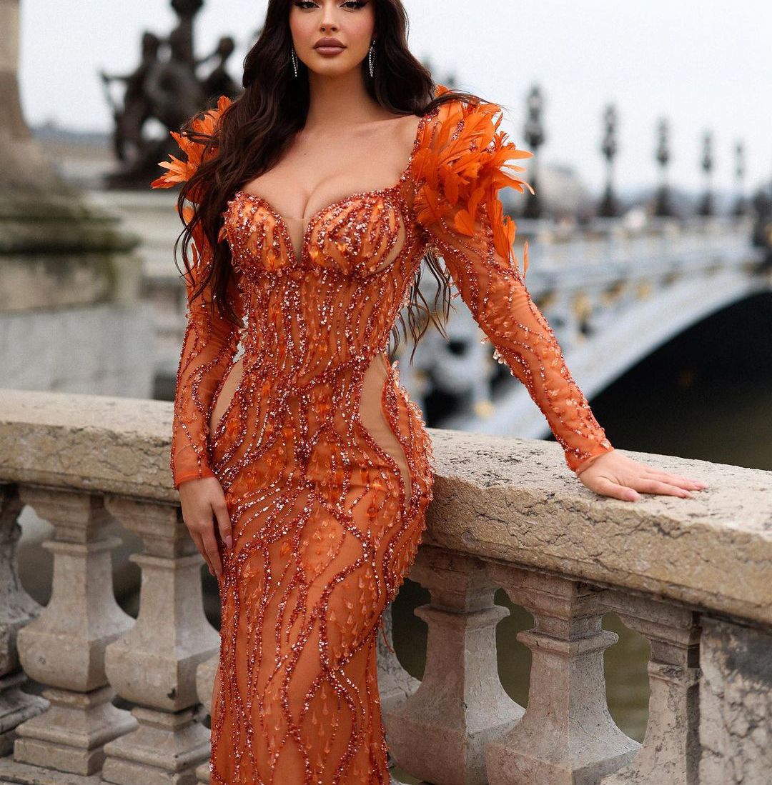 Sparkly Mermaid Evening Dresses Long Sleeves V Neck Feather Beaded Appliques Sequins 3D Lace Hollow Floor Length Prom Dress Formal Gown Plus Size Gown