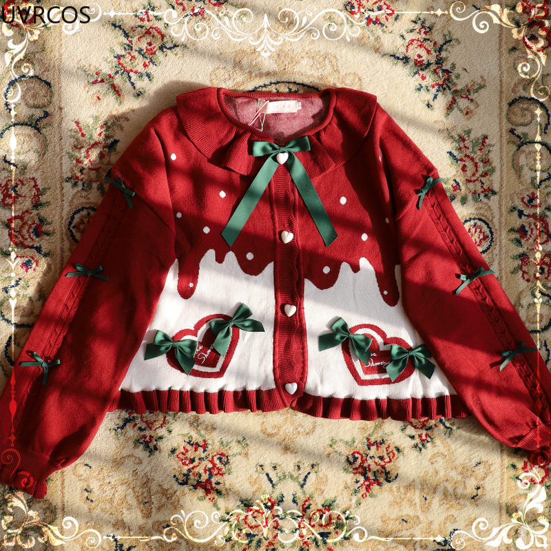 Women's Knits Tees Japan Sweet Lolita Style Knitted Cardigan Women Kawaii O Neck Heart Shaped Button Sweaters Coat Cute Puff Long Sleeve Outerwea