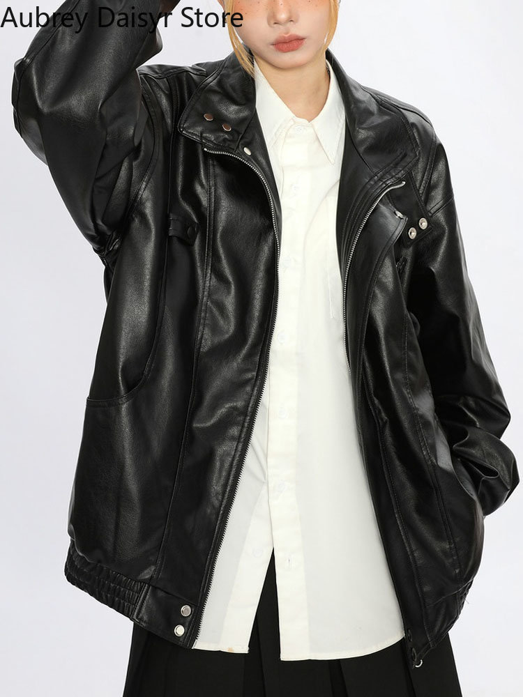 Women's Jackets Streetwear Loose Black Leather Women Punk Fashion Trend Biker Zipper High Street Vintage Chic Coat 230324