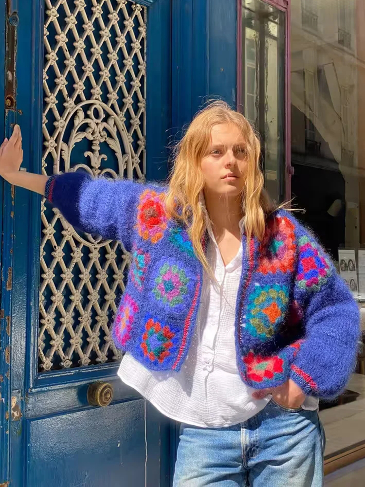 Women's Knits Tees Gypsylady Knitted Block Pattern Sweater Cardigan Handmade Crochet Women Bohemian Laides Dames Autumn Blue Bobo Coats 230324