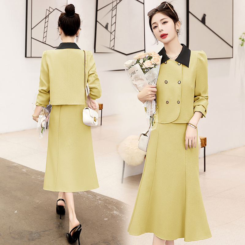 Two Piece Dress Korean Suit Small Fragrant Autumn Elegant 2 Set Office Lady Long Sleeve Crop Tops Mid ALine Skirt Suits 230324