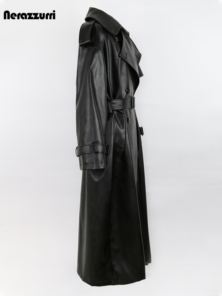 Women's Jackets Nerazzurri Spring Autumn Long Oversized Black Pu Leather Trench Coat for Women Belt Double Breasted Loose Casual Korean Fashion 2