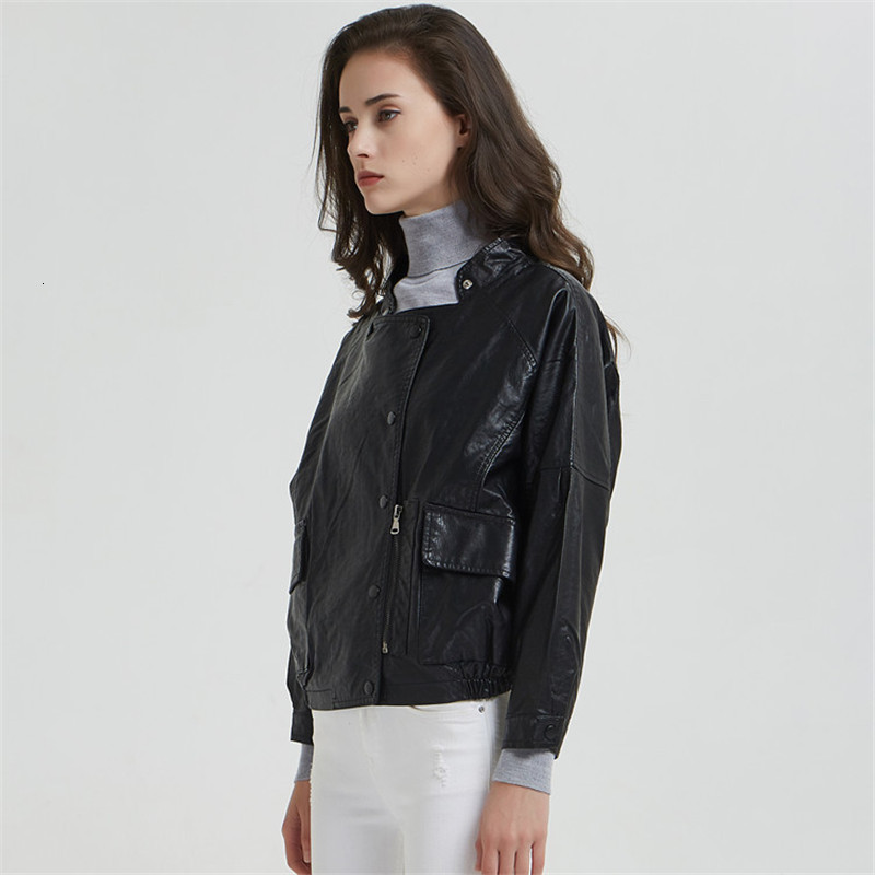 Women's Jackets Standup Collar Motorcycle PU Leather Spring Autumn Short Korean BF Big Pocket Small Coat 230324