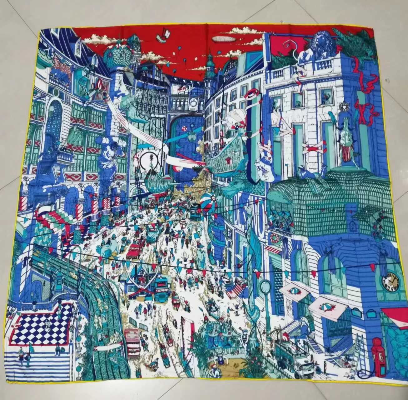 Sarongs Manual Hand Rolled Twill Silk Scarf Women City Print Square Scarves Wraps Echarpes Curled Foulard Femme Bandana Hijabs 90CM P230323