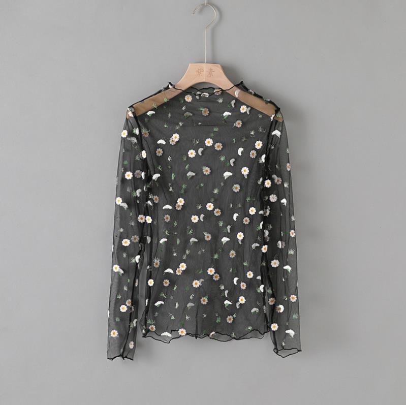 Mesh Crop Top Women's T-Shirt Long Sleeve Mock Neck Floral Embroidery Sheer See Through Tee Shirt Daisy Floral Blouse Black White Pink Apricot Gr