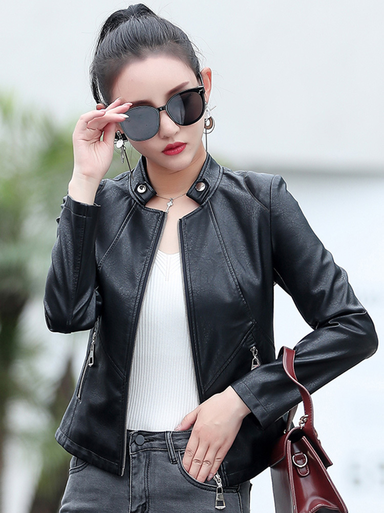 Women's Jackets Women Leather Jacket Spring Autumn Fashion Small Stand Collar Slim Waist Split Short Coat Pink Sheepskin Outerwear 230324