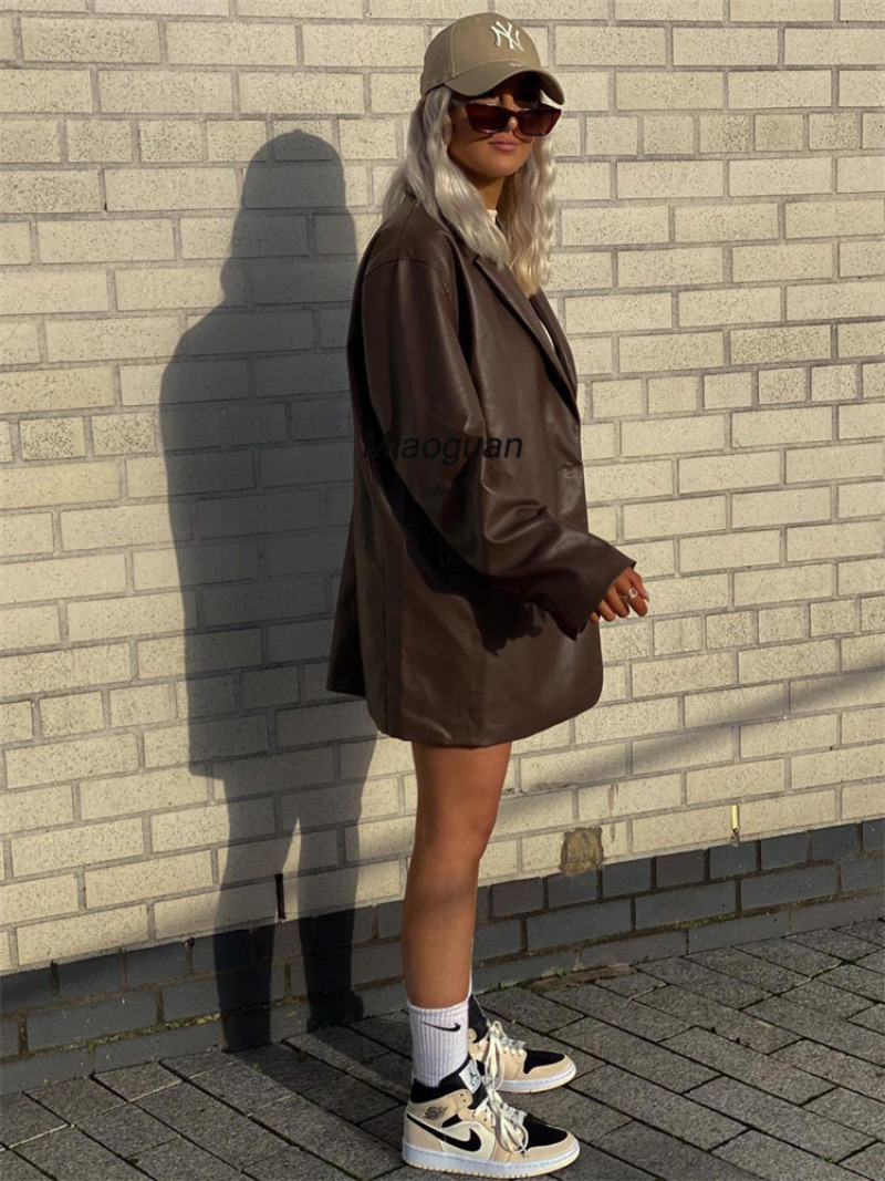 Women's Jackets Casual Black PU Leather Blazer Jacket Y2K Motorcycle Jacket's Autumn Winter High Street Cardigans Warm Suit Coats 230324