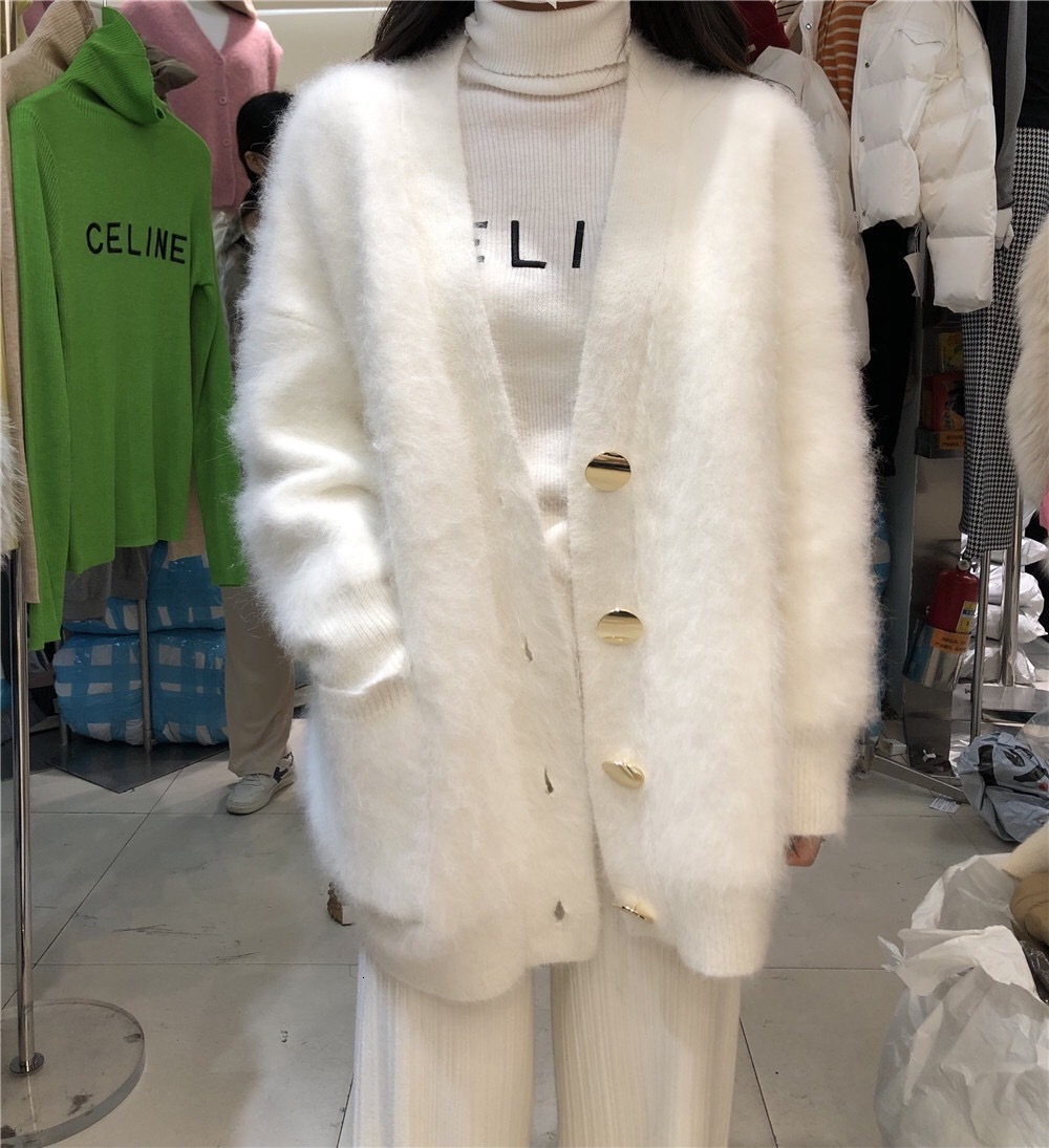 Women's Knits Tees High Quality Autumn Winter Mohair Knitted Thick Warm Sweater Coat V Neck Mink Cashmere White Loose Pockets Cardigan 230324