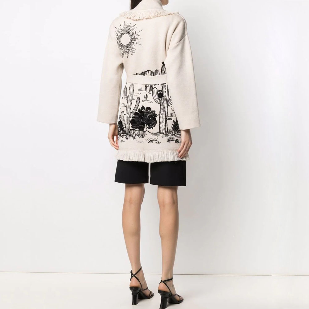 Cozy Knit Cardigan: Tassel Doodle Jacquard Loose Wool Sweater Jacket For Women ()