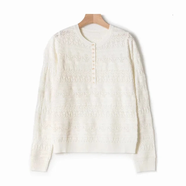 Women's Knits Tees White or Black Hollow Out Sweater Long Sleeve Temperament Front Buttons Knitwears Female ONeck Jumper Early Autumn 230324
