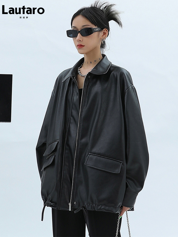Women's Jackets Lautaro Spring Autumn Oversized Casual Waterproof Black Soft Pu Leather Jacket Women with Drop Shoulder Long Sleeve Fashion 23032