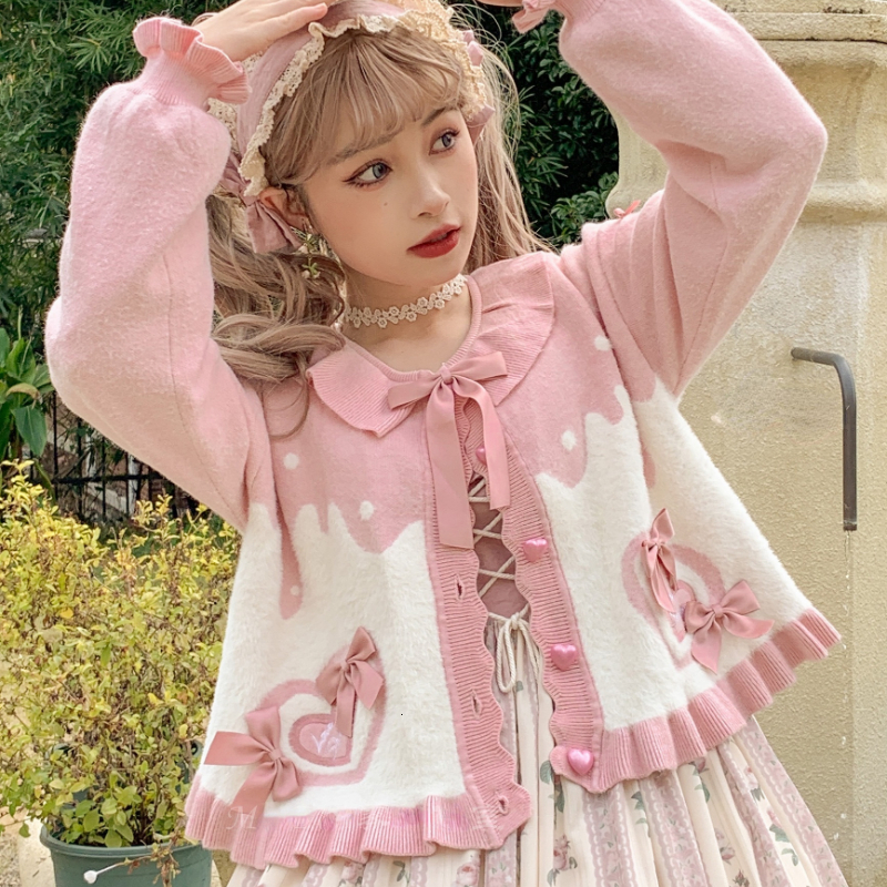 Women's Knits Tees Japan Sweet Lolita Style Knitted Cardigan Women Kawaii O Neck Heart Shaped Button Sweaters Coat Cute Puff Long Sleeve Outerwea
