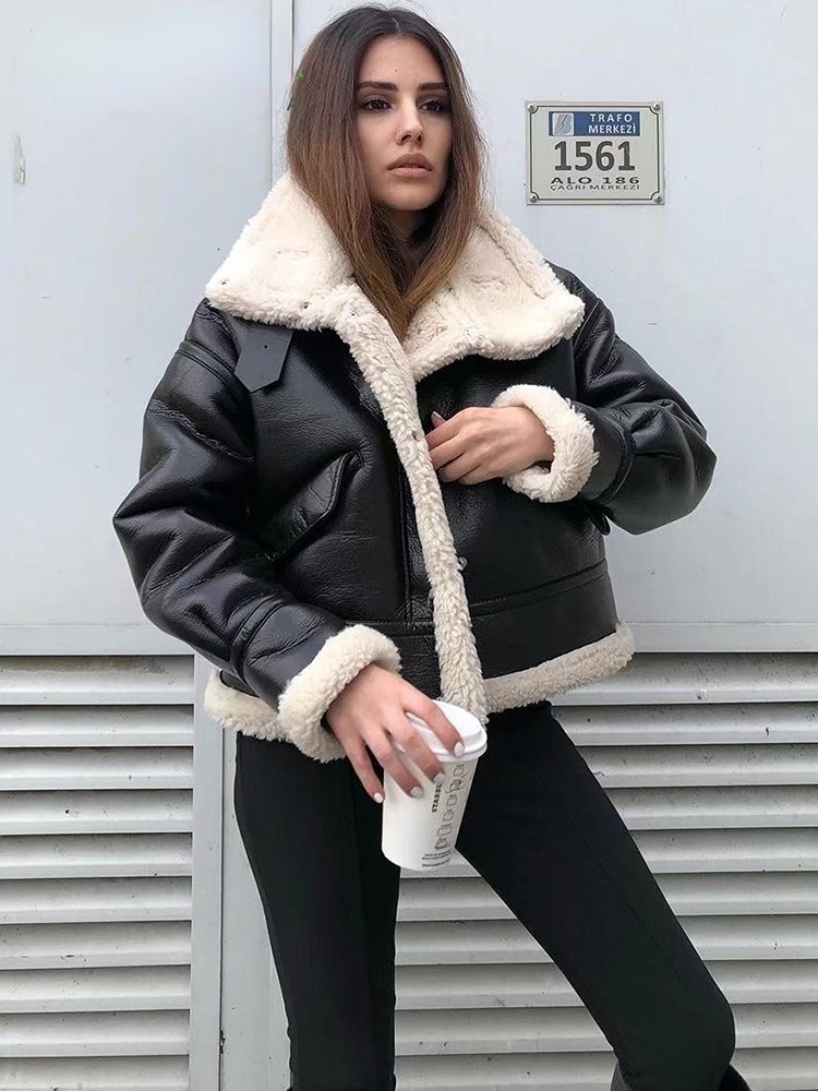 Women's Jackets 2023 Women Jacket Fashion Thick Warm Faux Leather Coat Vintage Long Sleeve Flap Pocket Female Outerwear Chic Tops 230324