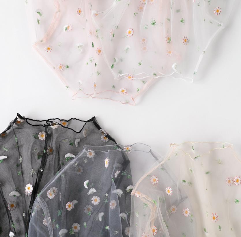 Mesh Crop Top Women's T-Shirt Long Sleeve Mock Neck Floral Embroidery Sheer See Through Tee Shirt Daisy Floral Blouse Black White Pink Apricot Gr