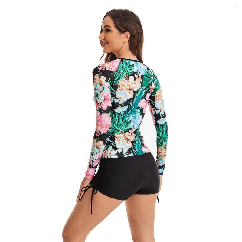 Womens Swimwear MUOLUX Sports Swimsuit Woman Two-piece Zipper Front Women 2023 Rashguard Bathing Suit Tropical Print Rash Guard