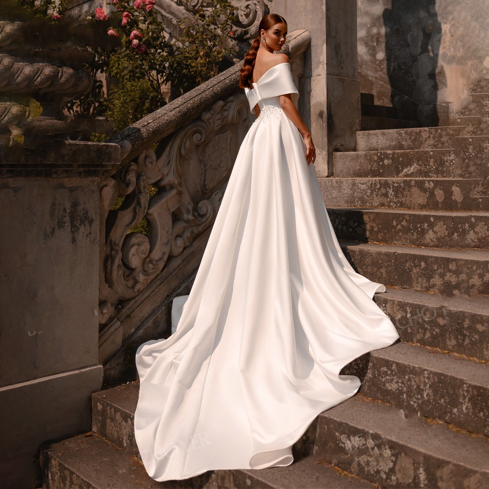 New Wedding Dress Satin Pearls A-Line Off Shoulder Bride Gown for Women 2023 Court Train Princess Vestido de Noiva