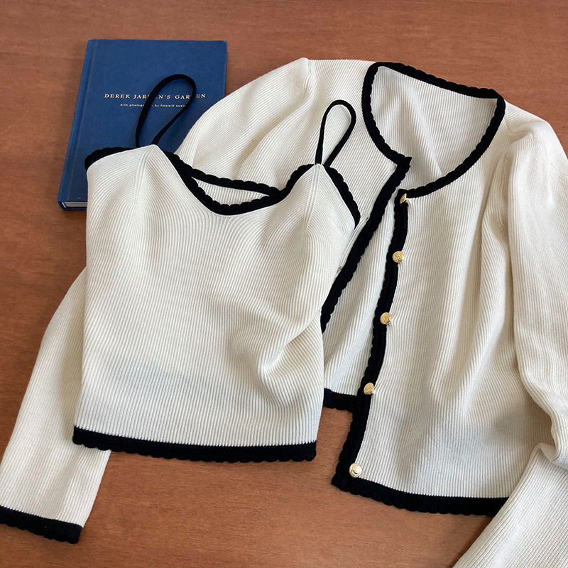 Women's Knits Tees Spring Women Two Pieces Set Contrast Short Knitted Cardigans Coat Vneck Sleeveless Slim Camisole Korean Tops 2023 230324