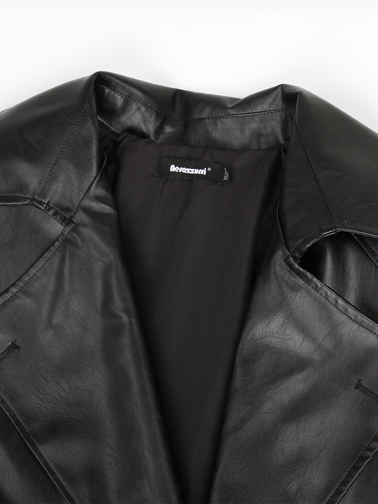 Women's Jackets Nerazzurri Spring Autumn Long Oversized Black Pu Leather Trench Coat for Women Belt Double Breasted Loose Casual Korean Fashion 2