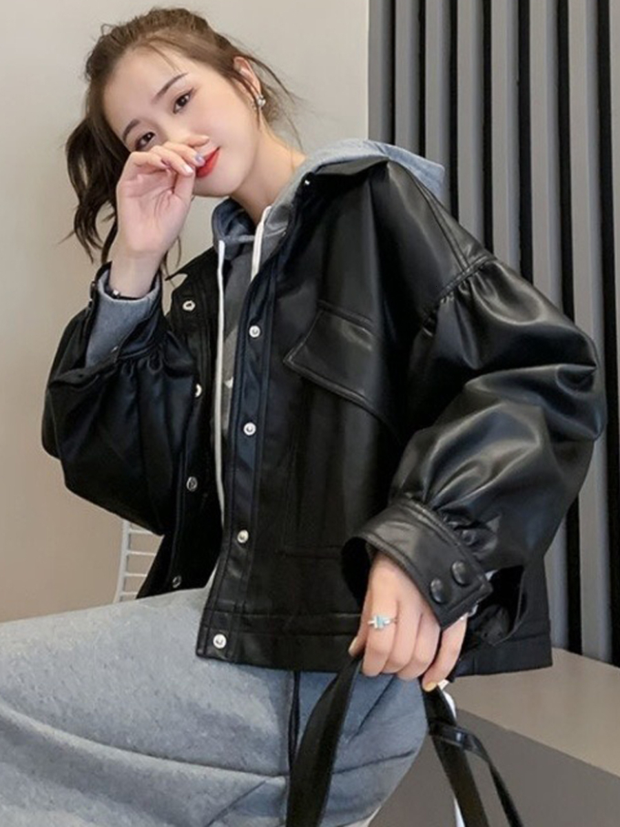Women's Jackets Fashionable Simple Black Leather Coat for Women 2023 Spring Retro Loose Casual Short PU Jacket Cool Female Casacos 230324
