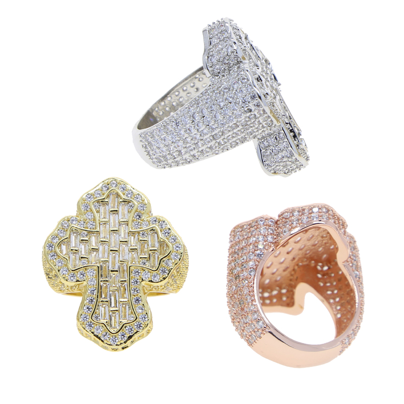 New Arrive Cross Finger Ring Iced Out Cubic Zircon Prong Setting Cz Fashion Luxulry Men Boy Hip Hop Jewelry