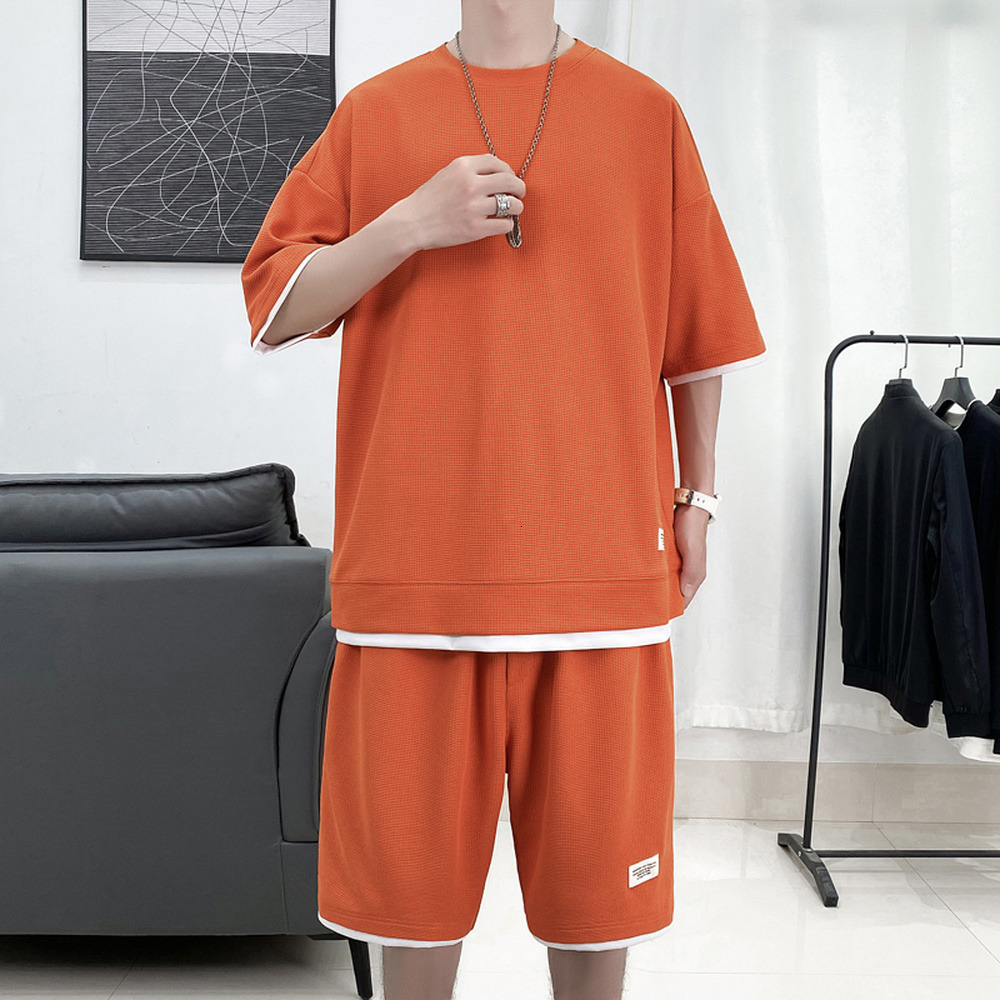 Men's Tracksuits Waffle Pattern 2 Piece Men Shorts Set Summer Tracksuit Men Fashion Clothing Harajuku Style Japan Fashion Loose Fit Sweatsuit 230