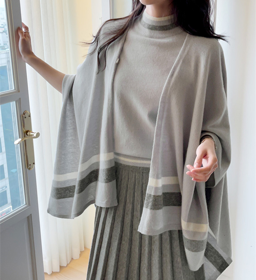 Women's Knits Tees Chic Autumn Winter Knitted Cardigan 2 Piece Set Women Batwing Sleeve Loose Cloak Shawl Sweater Coat Stand Collar Pullover Tops