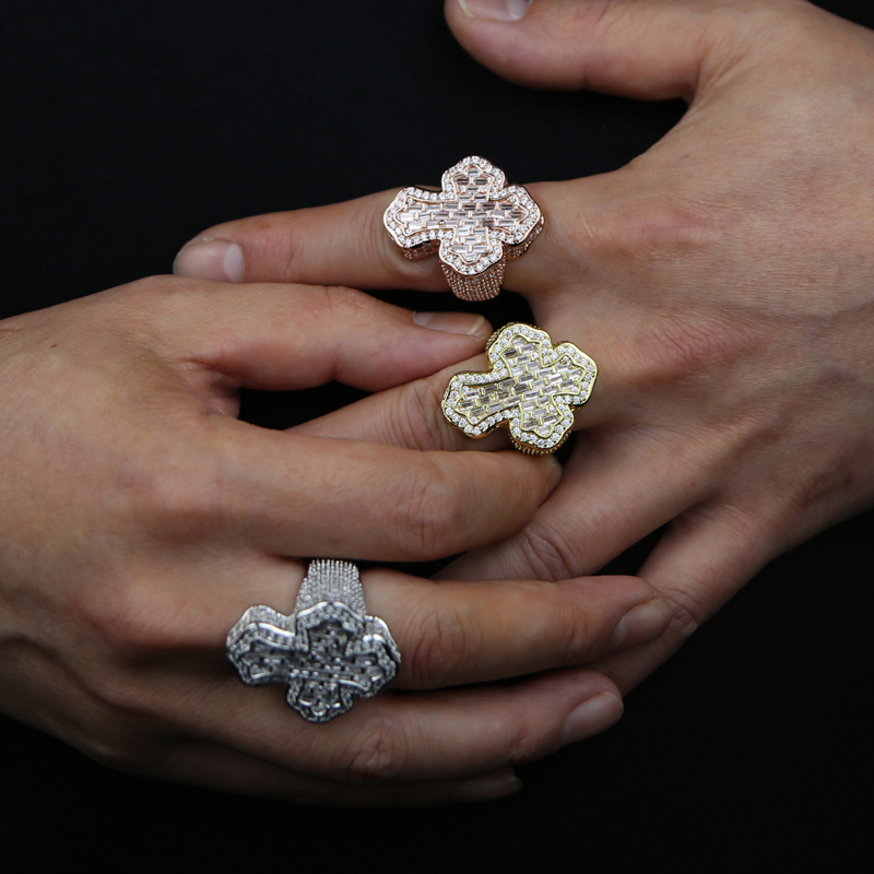 New Arrive Cross Finger Ring Iced Out Cubic Zircon Prong Setting Cz Fashion Luxulry Men Boy Hip Hop Jewelry