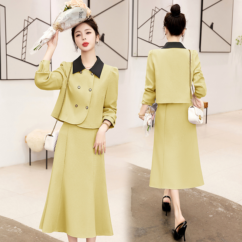 Two Piece Dress Korean Suit Small Fragrant Autumn Elegant 2 Set Office Lady Long Sleeve Crop Tops Mid ALine Skirt Suits 230324