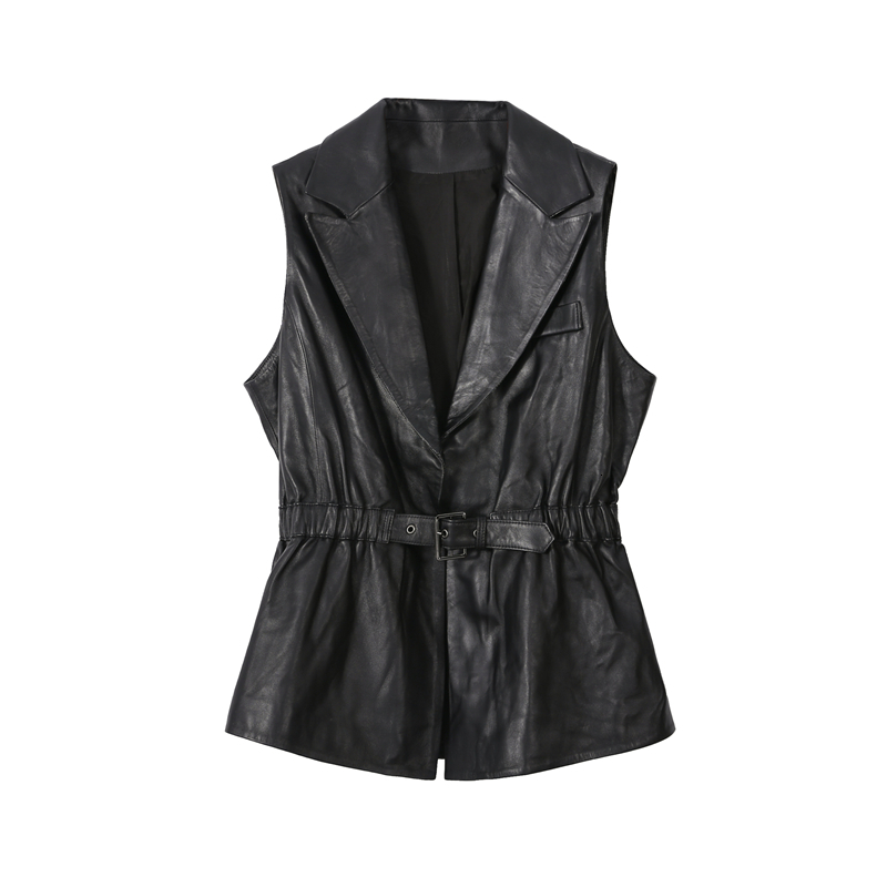 Women's Jackets Leather Vest Waistcoat Spring Autumn Suit Collar Nipped Waist Sheepskin Tops Belt Slim Sleeveless Female Outer wear 230324