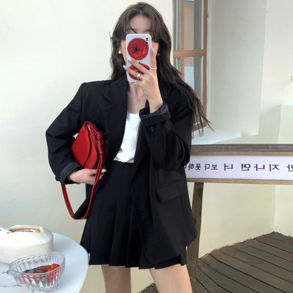 Two Piece Dres's Spring Blazer 2 Pieces Sets Korea Style Single Breasted Jacket Top High Waist Mini Pleated Skirts Suits 230324