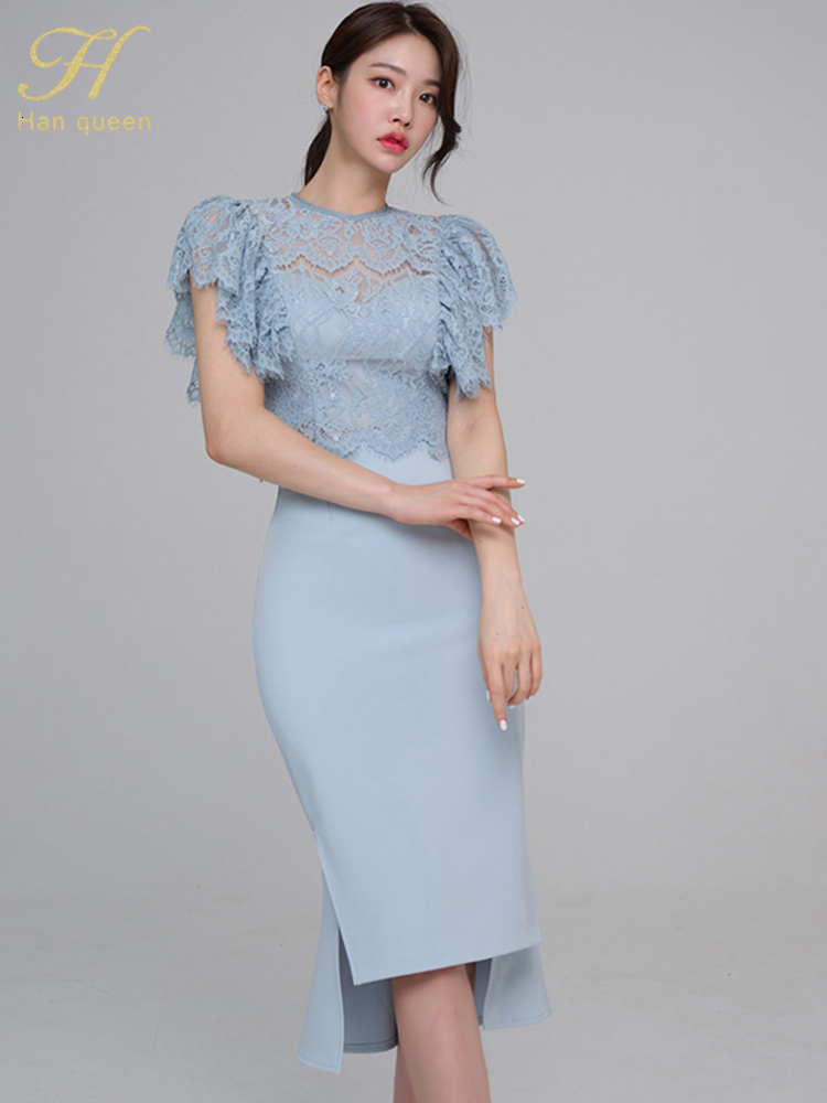 Two Piece Dress H Han Queen s Summer Women Casual 2 Pieces Set Lace Tops Simple Irregular Sheath Skirt Korean Profession Skirts Suits 230324