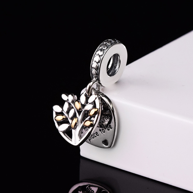 Real 925 Sterling Silver Bead Two-Tone Family Tree Gold Heart Charm Fit S925 Snake Bracelet Women Pendant Jewelry Free Shipping