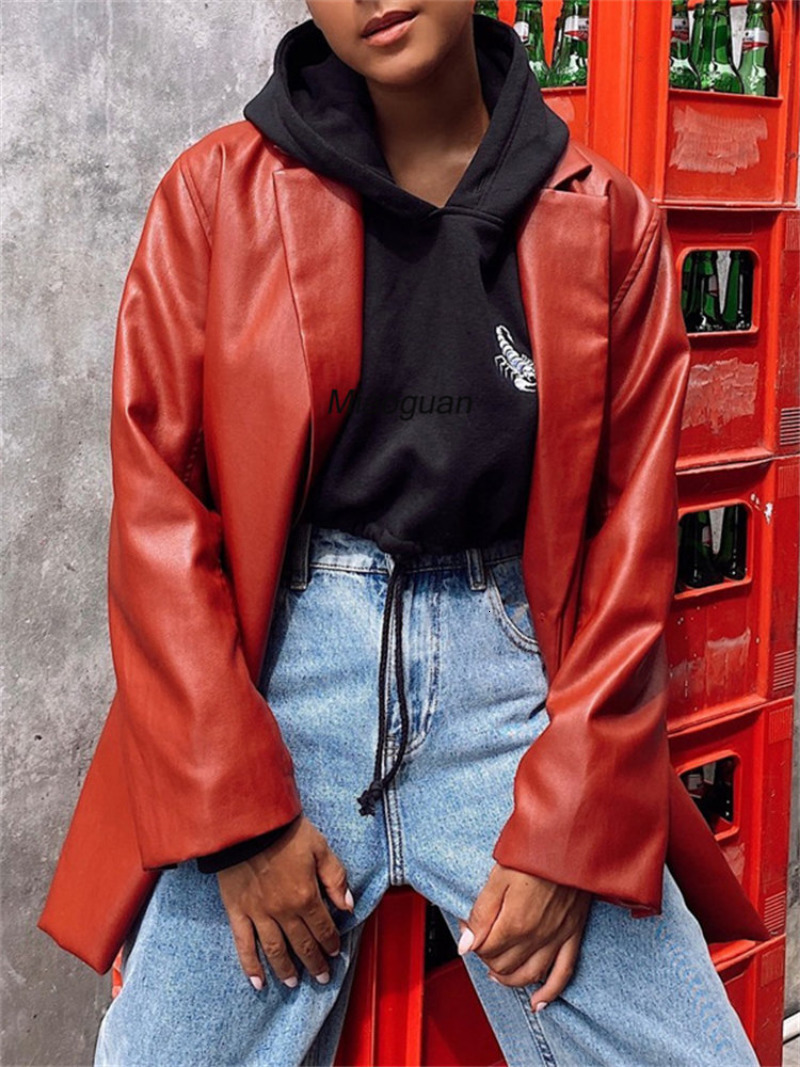 Women's Jackets Casual Black PU Leather Blazer Jacket Y2K Motorcycle Jacket's Autumn Winter High Street Cardigans Warm Suit Coats 230324