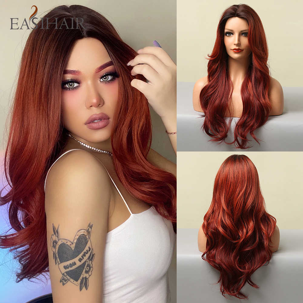Synthetic Wigs Easihair Long Dark Red Synthetic Wig Brown to Win Ombre Natural Hair for Women Cosplay Cosplaysalon Heat Resistant 230227