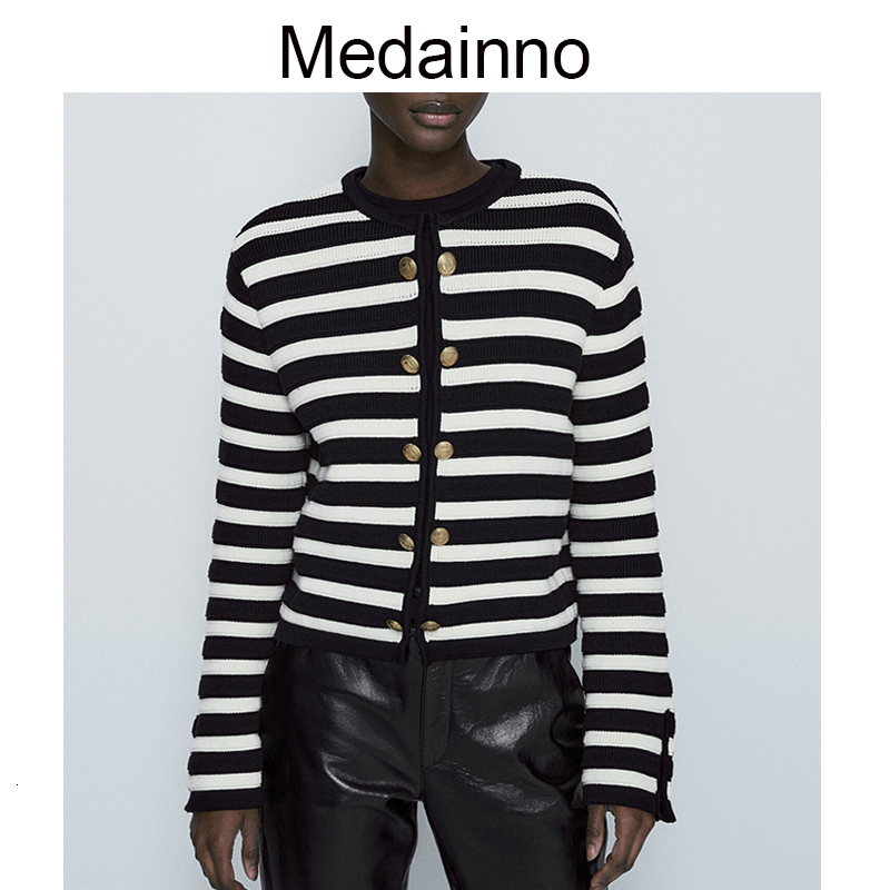 Women's Knits Tees Medainno 2023 Spring Fashion Women Striped Knitted Cardigans Coat Casual Versatile Sweater Slim Simple Tops Female Chic 230324